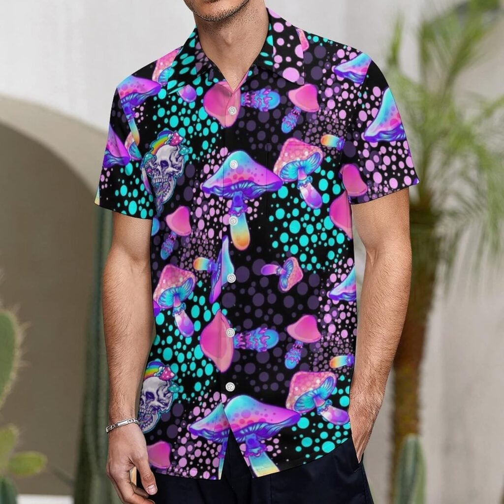 Psychedelic Mushroom Skull Hawaiian Shirt for Men, Button Down Shirt Men Short Sleeve Shirts Aloha Party Beach Shirt