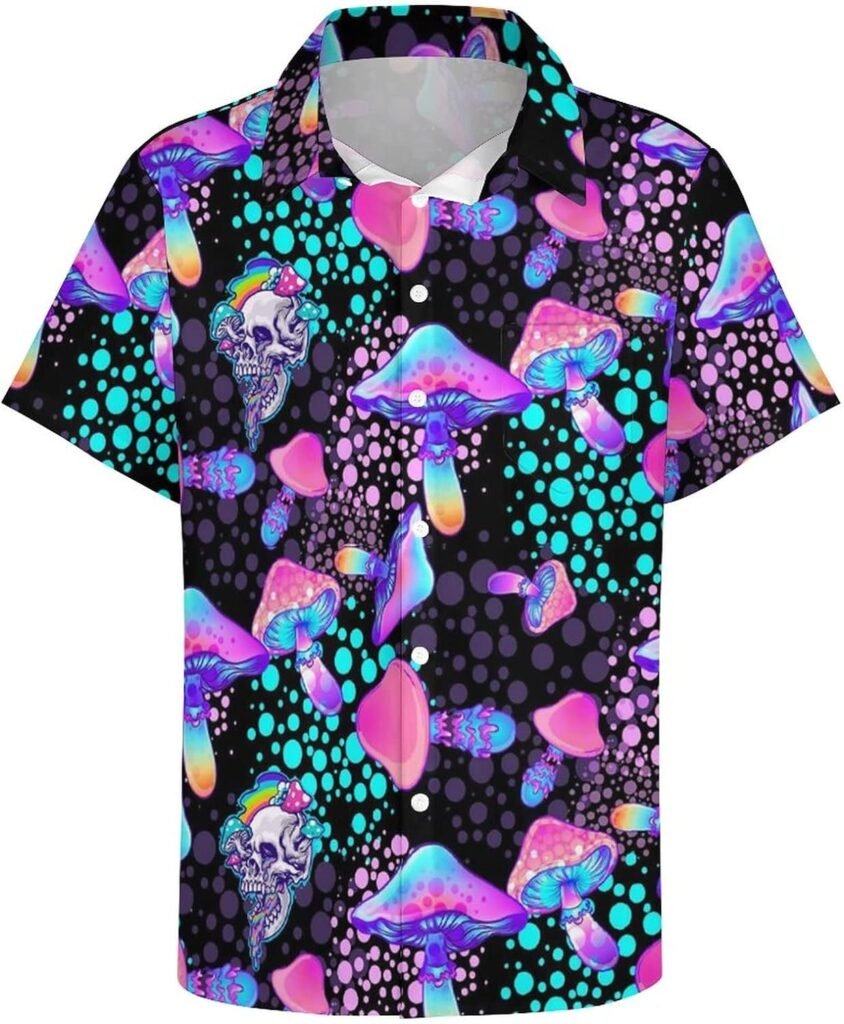 Psychedelic Mushroom Skull Hawaiian Shirt for Men, Button Down Shirt Men Short Sleeve Shirts Aloha Party Beach Shirt