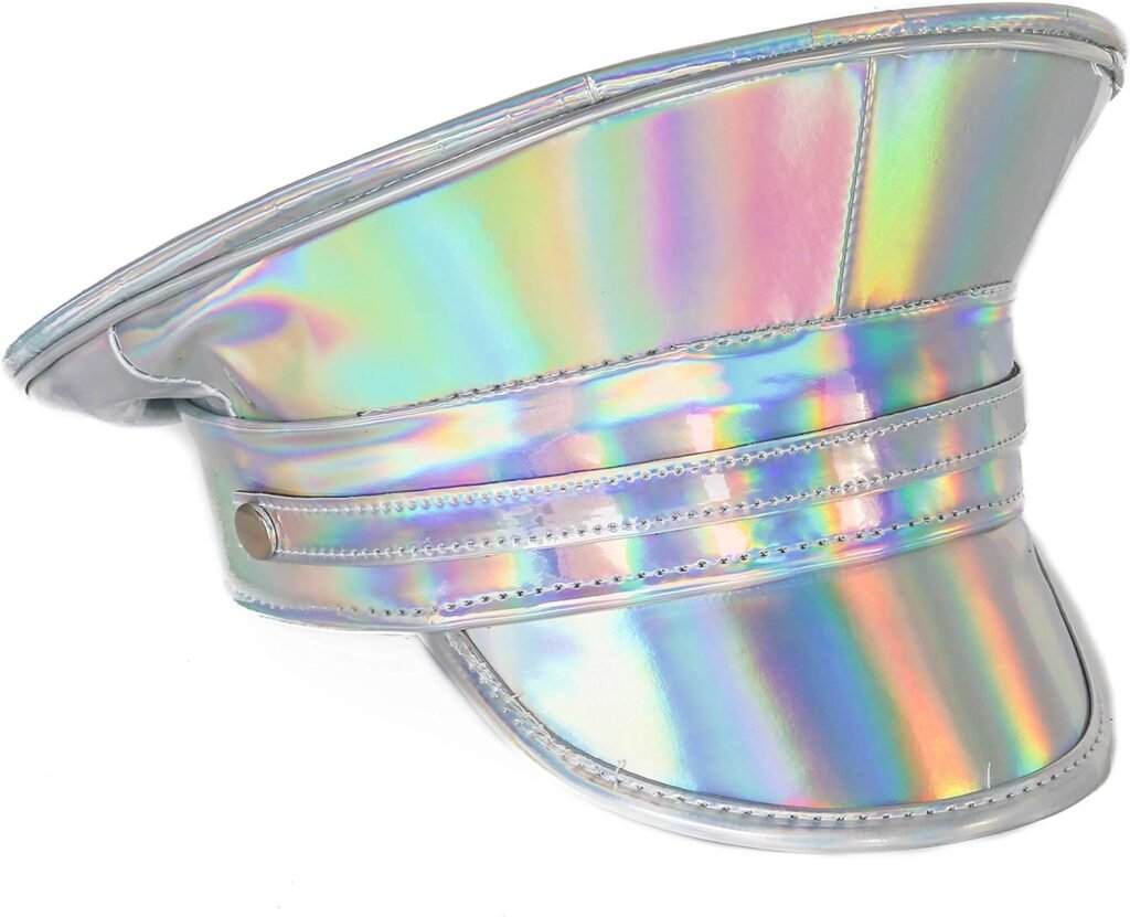 Rainbow Holographic Captain Hat Police Hat Alternative Rave Hat Strapped On Cosplay Head Gear