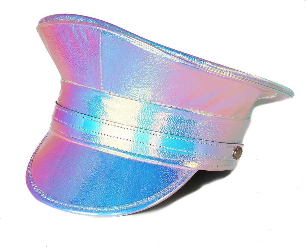 Rainbow Holographic Captain Hat Police Hat Alternative Rave Hat Strapped On Cosplay Head Gear