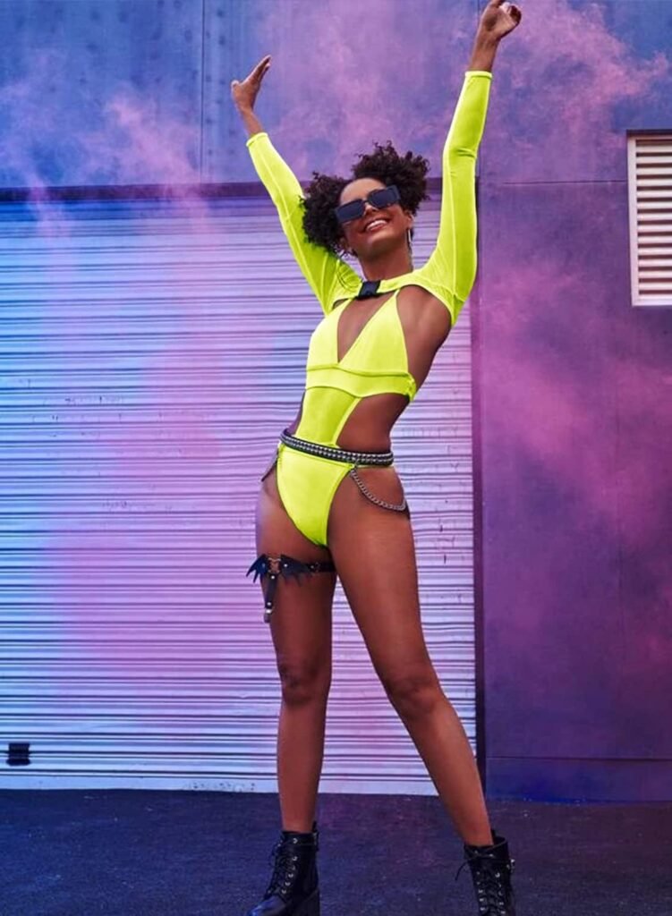 Rave Outfits for Womens - Festival Neon Bodysuit Long Swimsuits Mesh Buckle Shrug Crop Top for Club Party 2 Pcs Set