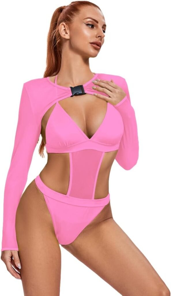 Rave Outfits for Womens - Festival Neon Bodysuit Long Swimsuits Mesh Buckle Shrug Crop Top for Club Party 2 Pcs Set