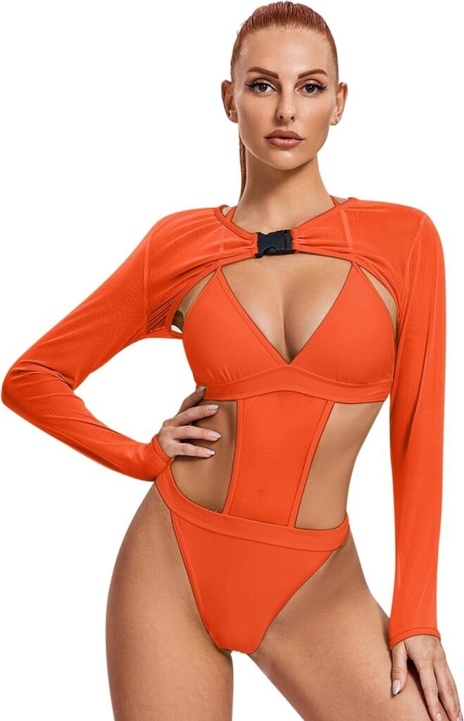 Rave Outfits for Womens - Festival Neon Bodysuit Long Swimsuits Mesh Buckle Shrug Crop Top for Club Party 2 Pcs Set