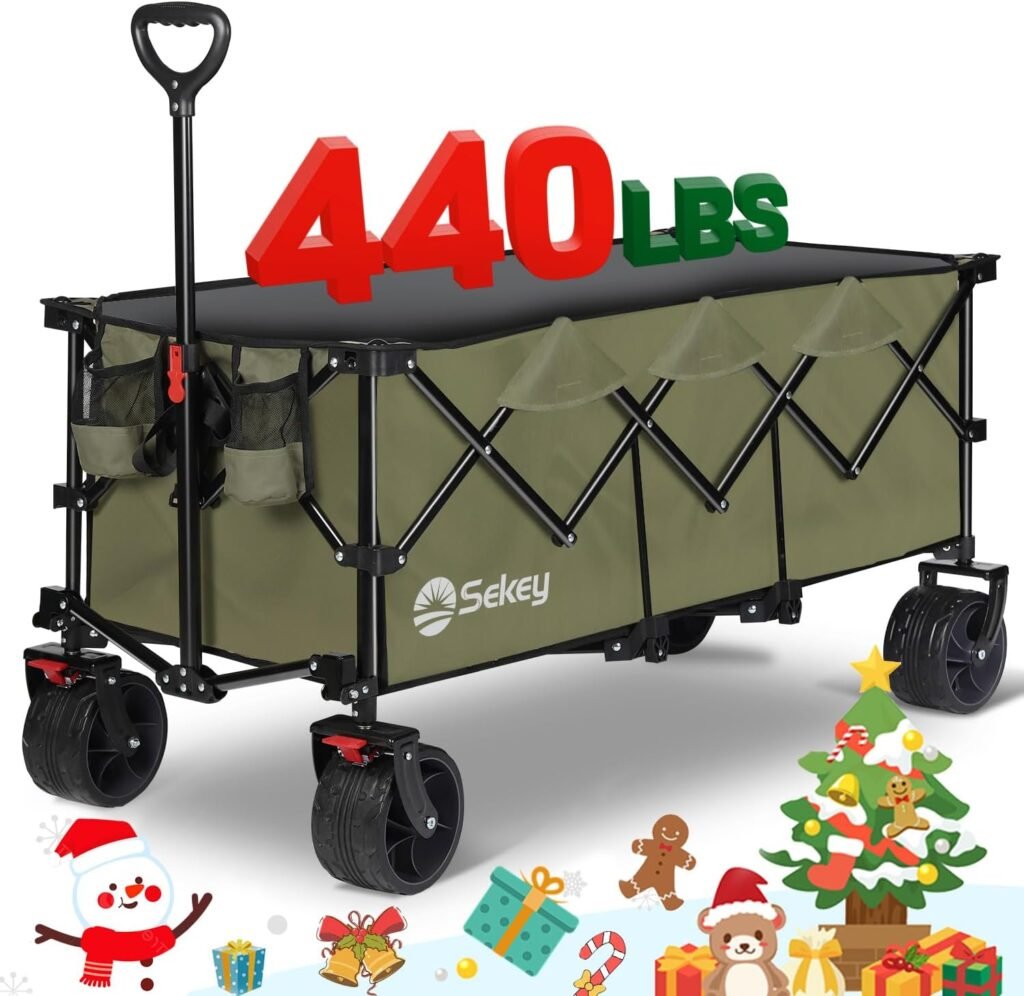 Sekey Collapsible Foldable Extended Wagon with 440lbs Weight Capacity, Heavy Duty Folding Utility Garden Cart with Big All-Terrain Beach Wheels  Drink Holders. Black