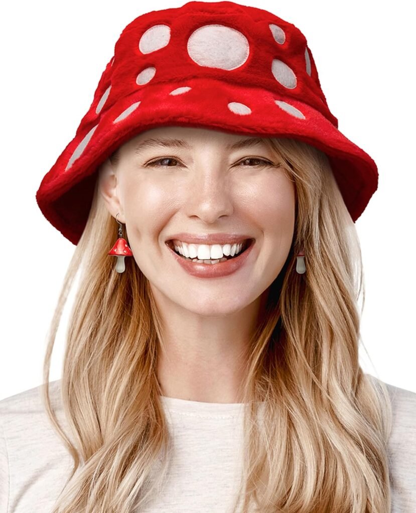 Shrumiez Mushroom Bucket Hat Faux Fur - Mario, Rave, Toad, Toadette, Toadstool Cosplay Costume Outfit - Red Cottagecore Hat