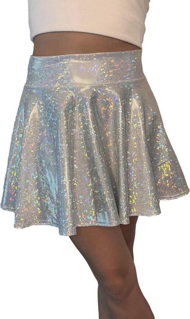 Silver on White Holographic Shattered Glass Skater Mini Skirt - Made in USA - Festival Circle Rave Skirt