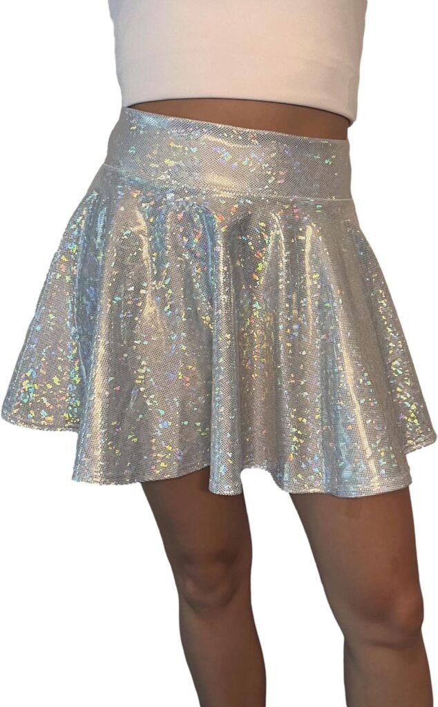 Silver on White Holographic Shattered Glass Skater Mini Skirt - Made in USA - Festival Circle Rave Skirt