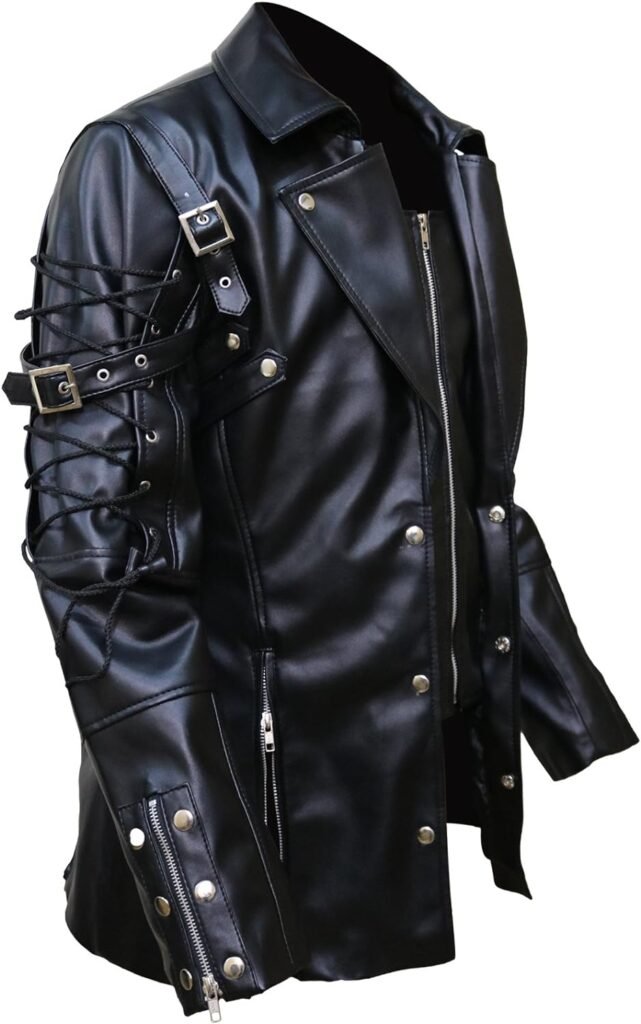 The Jasperz Punk Rave Poison Black  Maroon Jacket Mens Faux Leather Goth Steampunk Military Coat, XXS-3XL