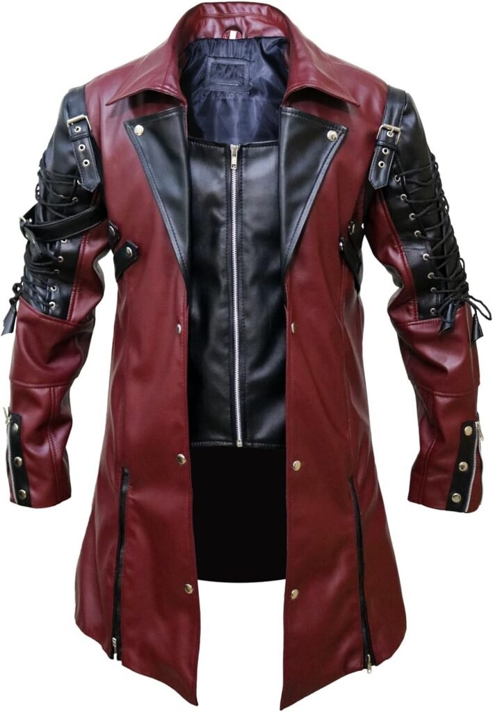 The Jasperz Punk Rave Poison Black  Maroon Jacket Mens Faux Leather Goth Steampunk Military Coat, XXS-3XL