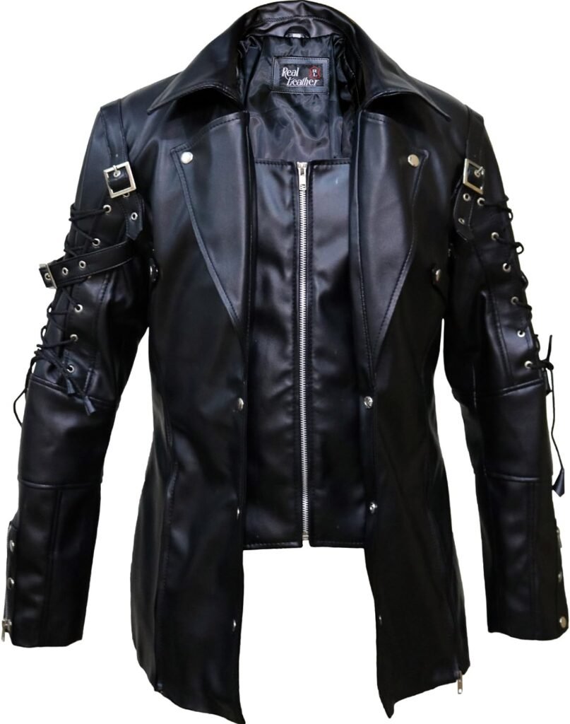 The Jasperz Punk Rave Poison Black  Maroon Jacket Mens Faux Leather Goth Steampunk Military Coat, XXS-3XL