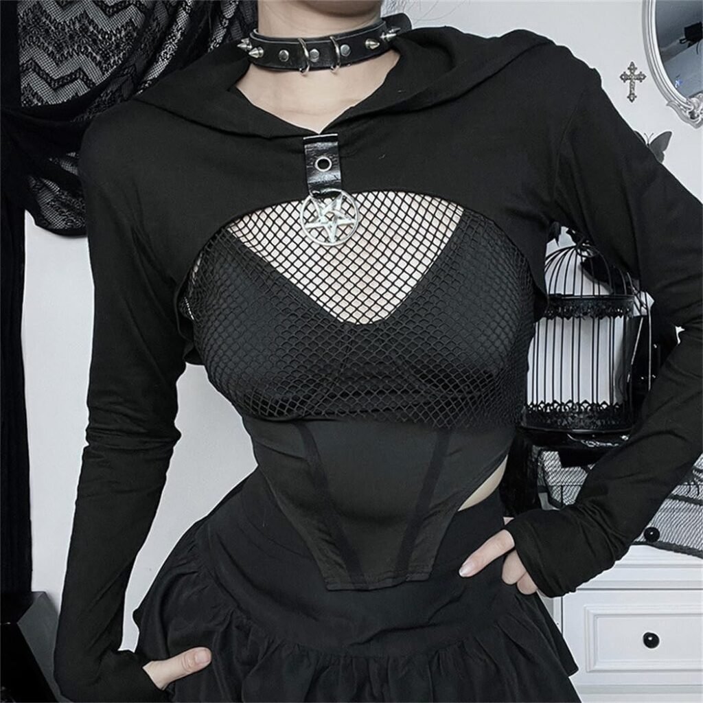 TOMETO STAR Women Gothic Punk Hoodies Bandage Crop Tops Long Sleeve Pullover Sweatshirt for Rave Festivals Streetwear