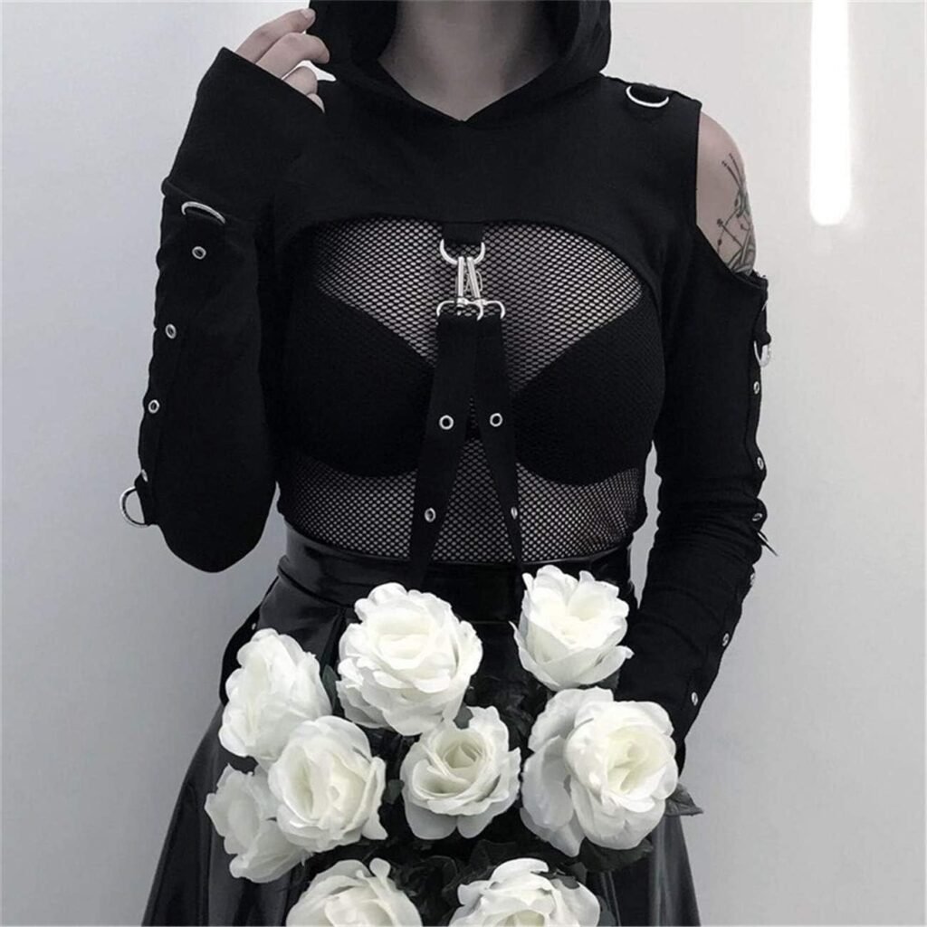 TOMETO STAR Women Gothic Punk Hoodies Bandage Crop Tops Long Sleeve Pullover Sweatshirt for Rave Festivals Streetwear