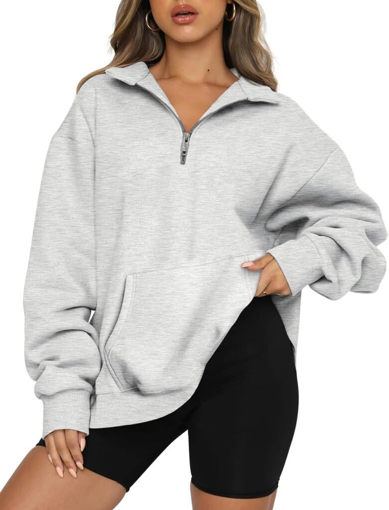 Trendy Queen Womens Quarter Zip Pullover Oversized Sweatshirts Pockets Half Zip Hoodies Crewneck Fall Clothes Teen Girls