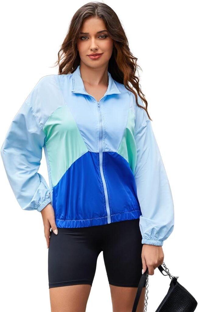 WDIRARA Womens Color Block Zipper Front Long Sleeve Sporty Windbreaker Jacket