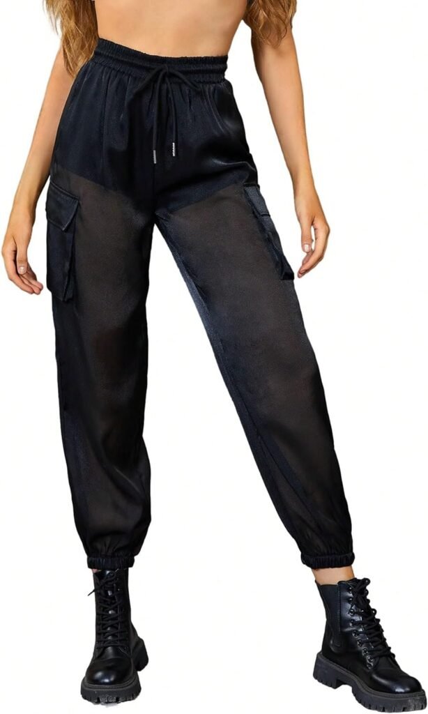 WDIRARA Womens Sheer Mesh High Waisted Straight Leg Cargo Pants with Pockets