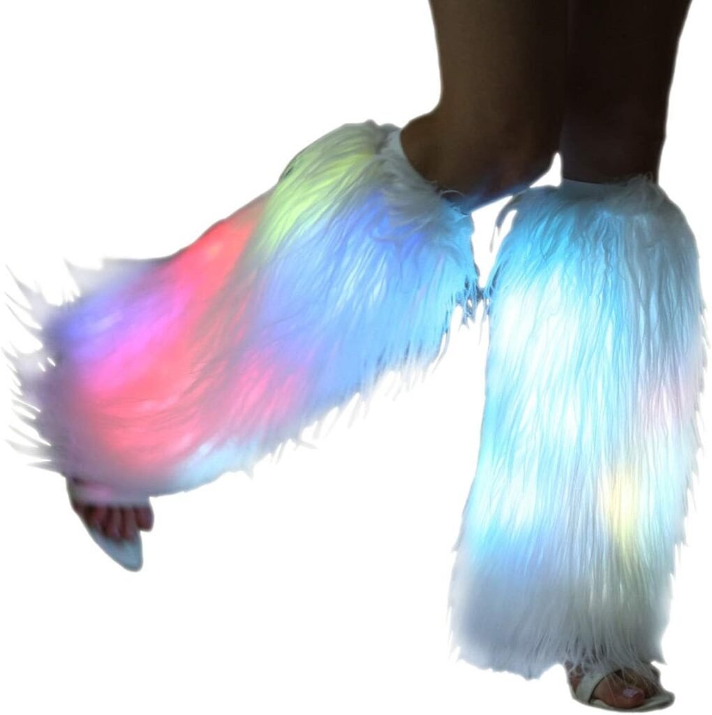 White Fur Leg Warmers For Women Neon Rave Led Fluffy 80s Sexy Dance Hosiery Fun Furry Light Up Leggings For Girls Boot Edm Christmas Unicorn Costume