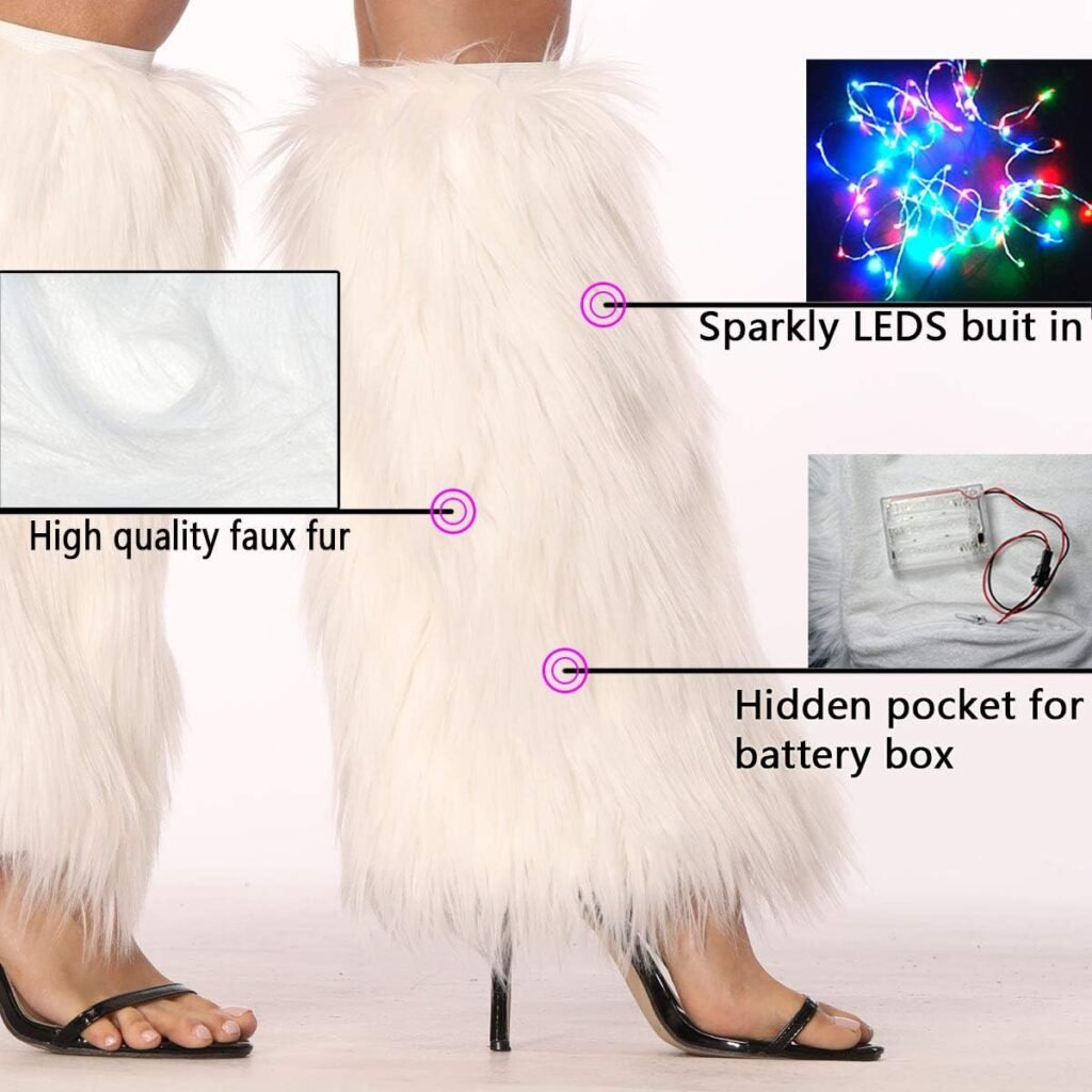 White Fur Leg Warmers For Women Neon Rave Led Fluffy 80s Sexy Dance Hosiery Fun Furry Light Up Leggings For Girls Boot Edm Christmas Unicorn Costume