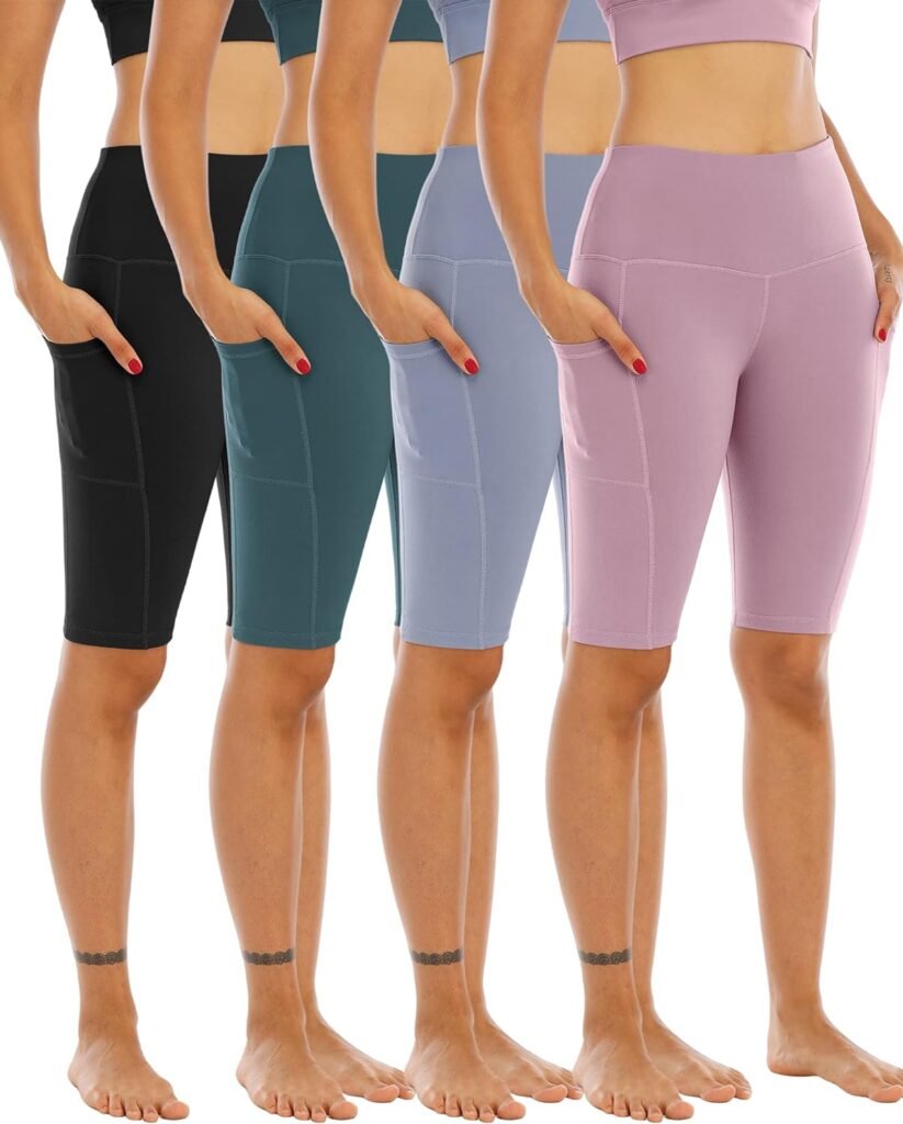 WHOUARE 4 Pack Biker Yoga Shorts with Pockets for Women,High Waisted Athletic Running Workout Gym Shorts Tummy Control