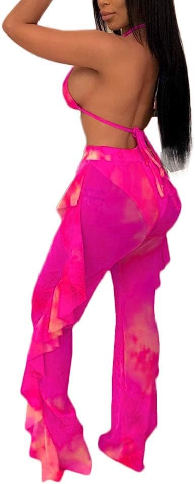 Women Beading Pearl See Through Sheer Mesh 2 Pieces Outfits Jumpsuits Crop Top and Hollow Out Ruffle Long Pants