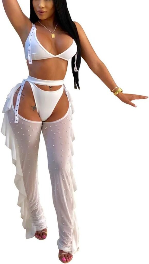 Women Beading Pearl See Through Sheer Mesh 2 Pieces Outfits Jumpsuits Crop Top and Hollow Out Ruffle Long Pants