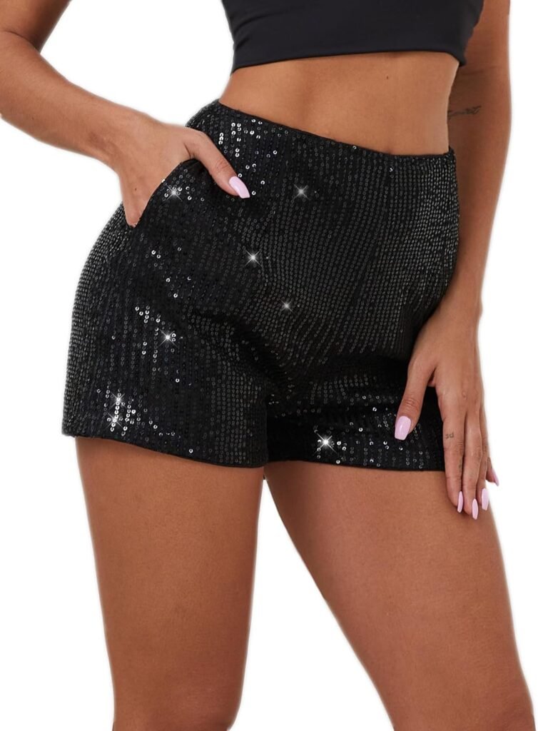 Zerbala Womens Sequin Shorts High Waist Sparkle Party Shorts with Pockets