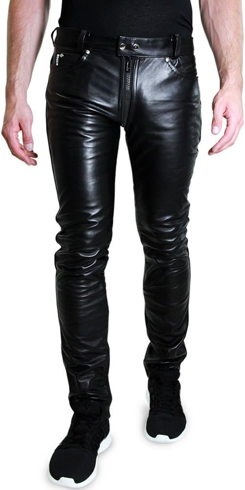 Bockle® 1991 GAY-ZIP jeans Tube Skinny Slim Fit Man leather pants trousers full zip Leather jeans men genuine leather