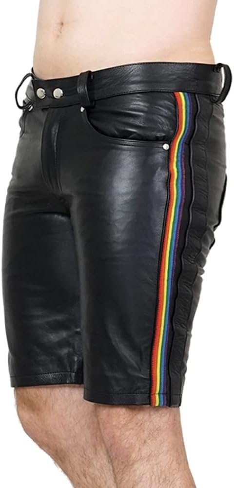 Bockle® Saddle Gay Shorts Jeans Leather Pants Men Leather Pants Shorts Short Leather Trousers- Size: W29/L30 Black