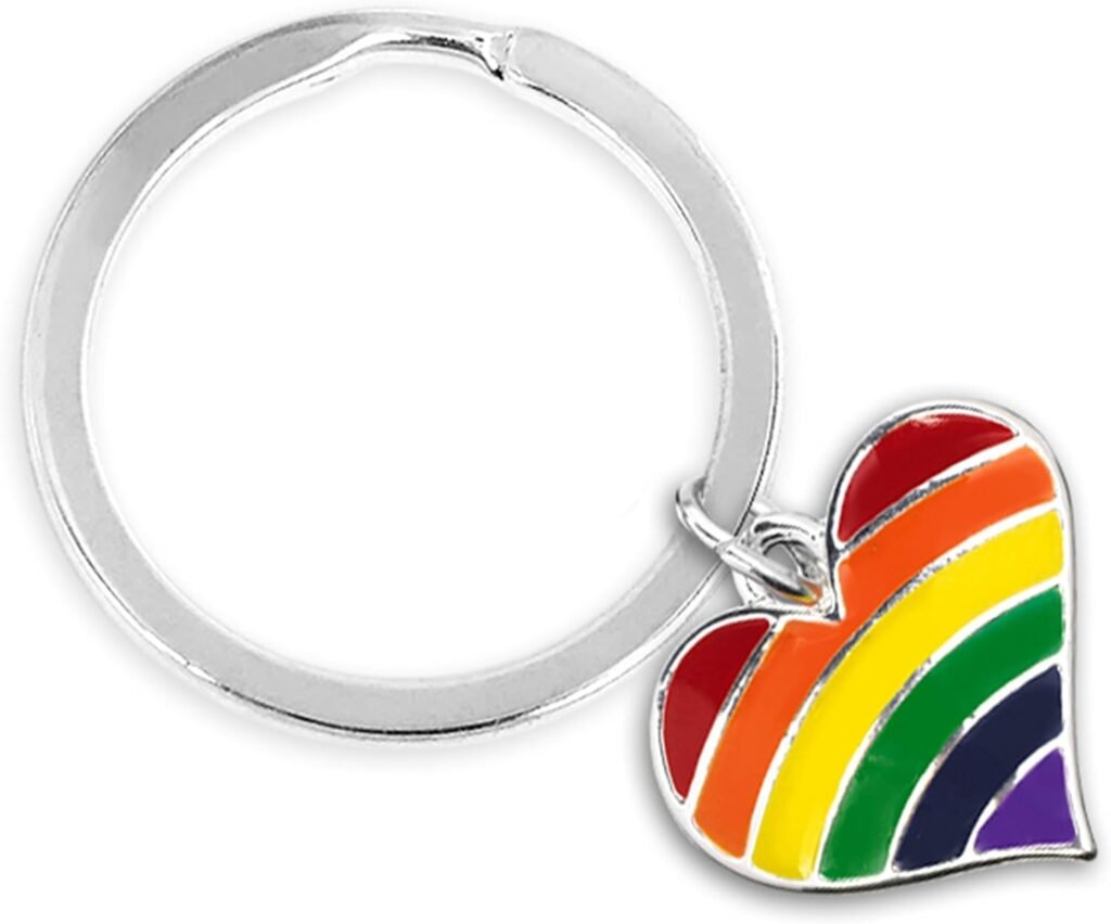 Fundraising For A Cause 25 Pack Gay Pride Awareness Rainbow Striped Heart Charm Round Key Chains (25 Key Chains Individually Bagged)