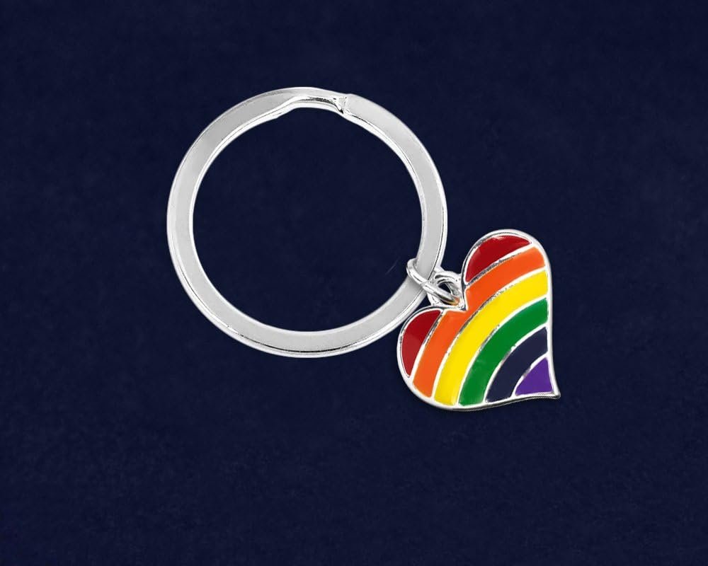 Fundraising For A Cause 25 Pack Gay Pride Awareness Rainbow Striped Heart Charm Round Key Chains (25 Key Chains Individually Bagged)