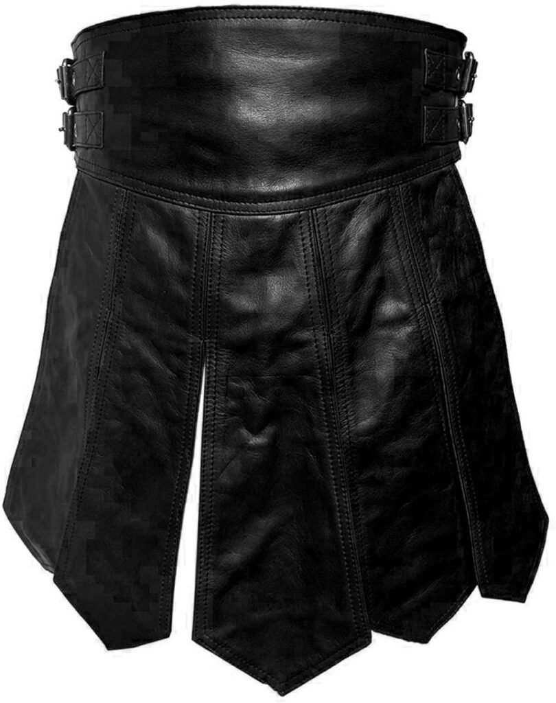 Mens Real Black Leather Gladiator Kilt Gay Club wear Sexy LARP