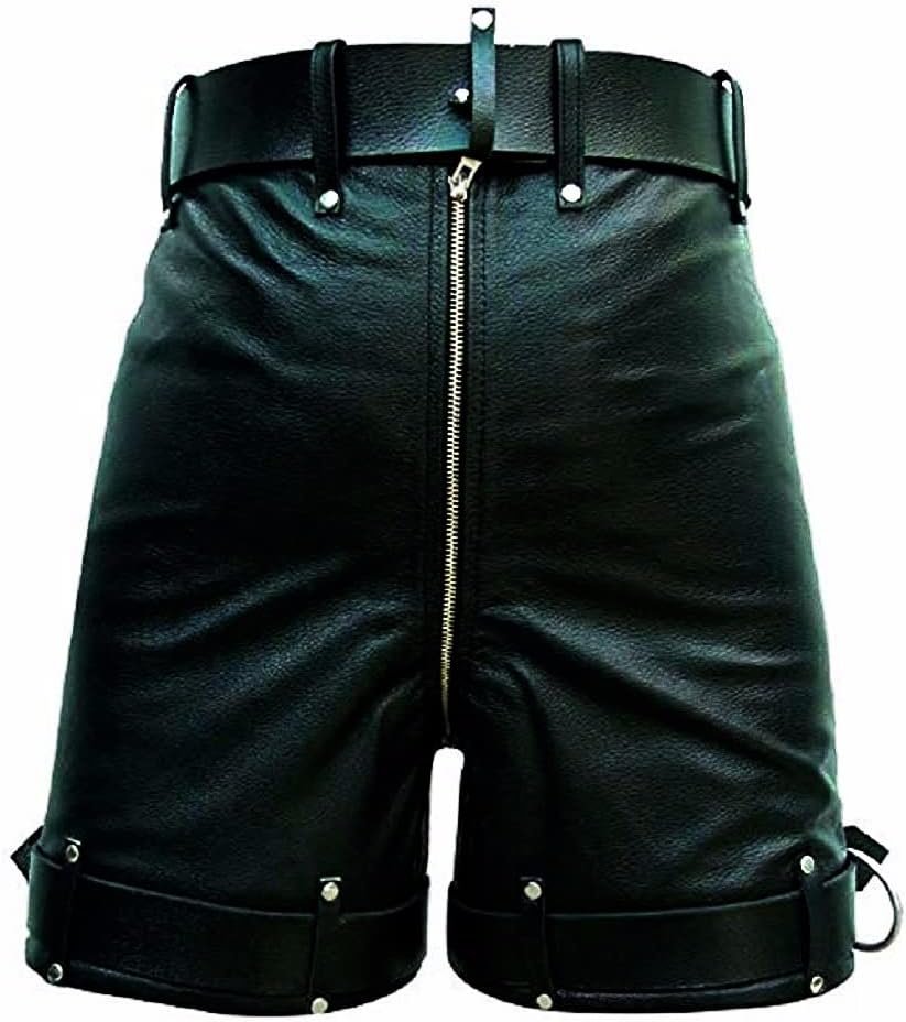 Mens Real Black Leather Short Chastity Bondage Shorts with Locking Rear Zip BLUF Gay