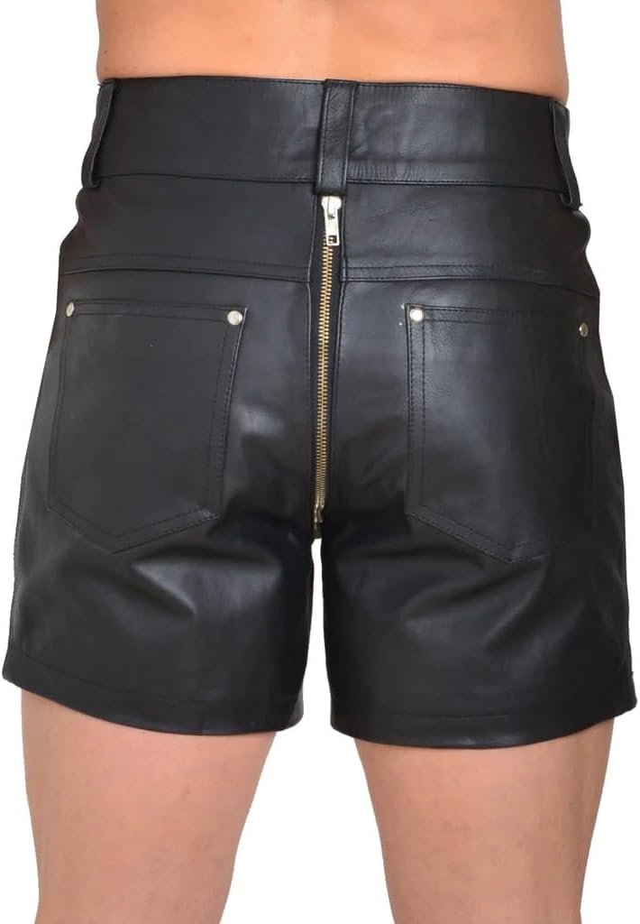 Mens Real Genuine Cowhide Leather Shorts Gay Chap Side Front Laces