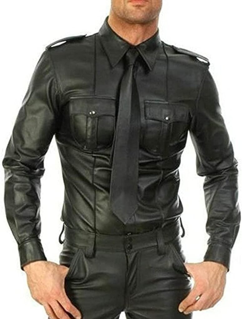Mount Helicon Mens Real Thick Leather Soft BLUF Gay Military Police Style Shirt Pockets All Season