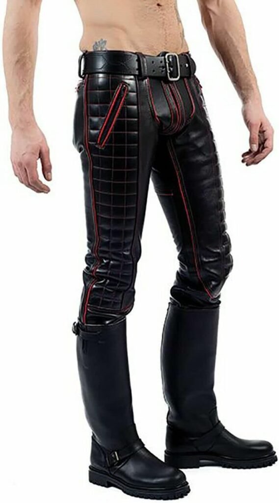 Mount Helicon Mens Thick Cowhide Leather Pants Trouser Jeans BLUF Gay Stripes Padded Rear Zip Bikers All Season Double Zip