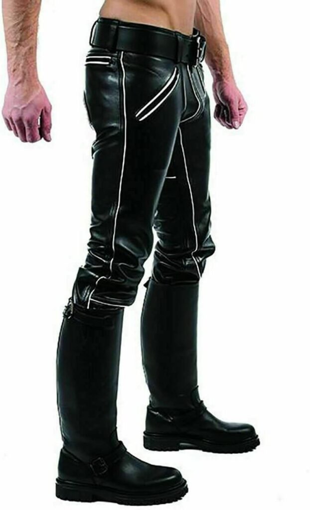 Mount Helicon Mens Thick Cowhide Leather Pants Trouser Jeans BLUF Gay Stripes Padded Rear Zip Bikers All Season Double Zip