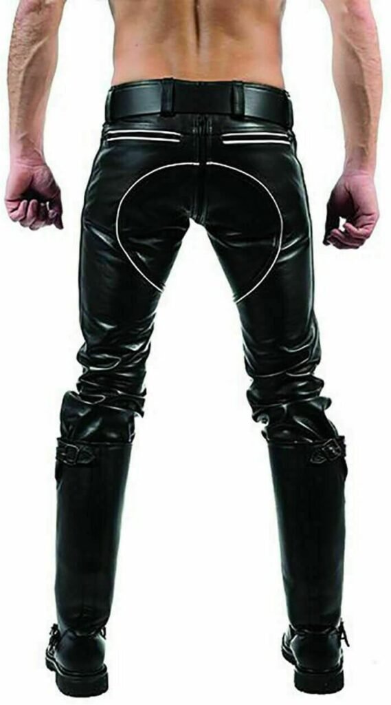 Mount Helicon Mens Thick Cowhide Leather Pants Trouser Jeans BLUF Gay Stripes Padded Rear Zip Bikers All Season Double Zip