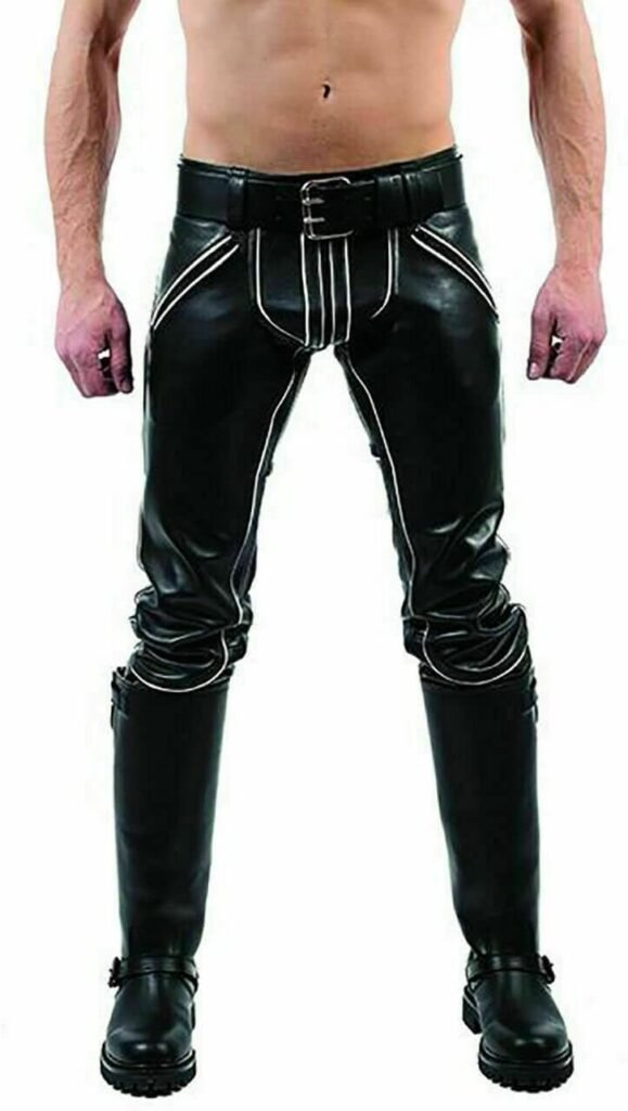 Mount Helicon Mens Thick Cowhide Leather Pants Trouser Jeans BLUF Gay Stripes Padded Rear Zip Bikers All Season Double Zip