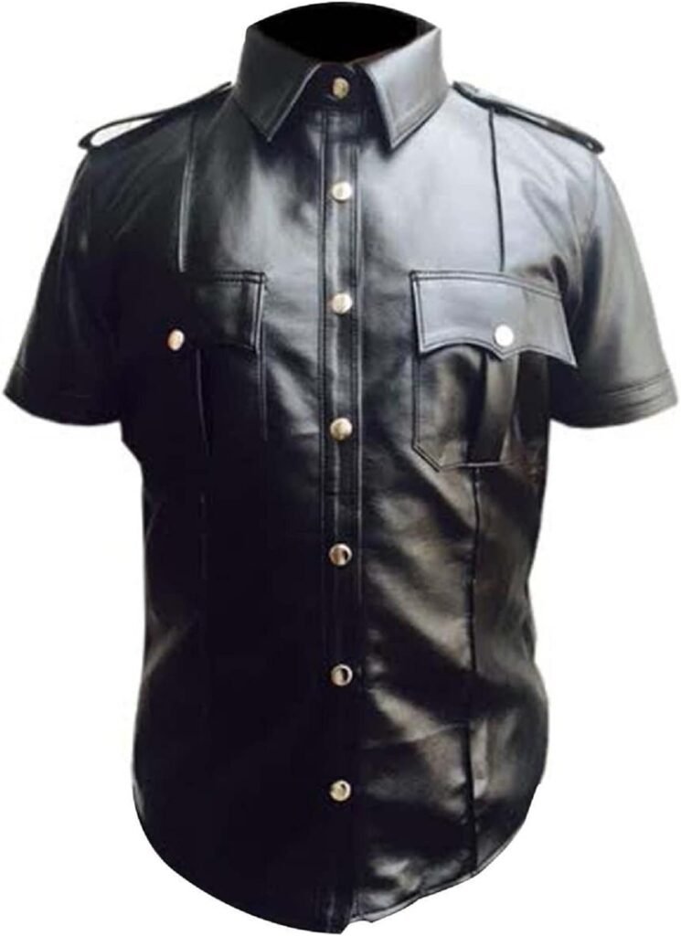 Real Leather Mens Cow Sheep Leather Police Real Uniform Shirt BLUF Gay Mans Shirt Hot Lamb Leather