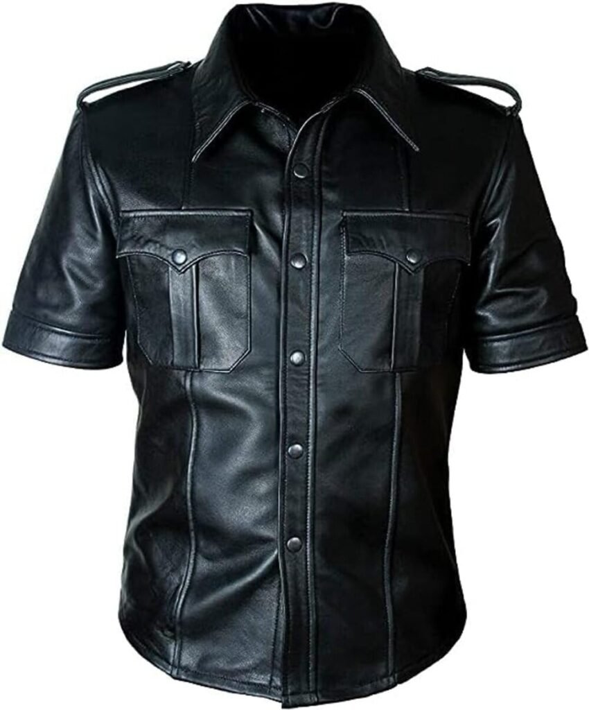 Real Leather Mens Real Sheep Leather Police Real Uniform Shirt BLUF Gay Mans Shirt Hot Lamb Leather