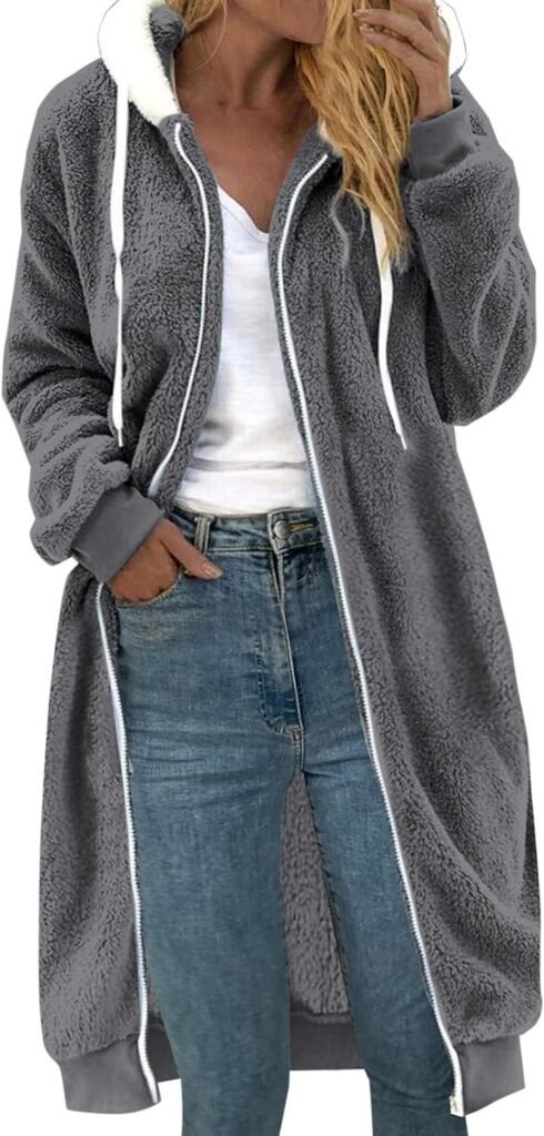 ZYXTIM Womens Long Sherpa Jackets Oversized Full Zip Fuzzy Fleece Hoodies Winter Jackets Warm Comfy Cardigan Coat Outerwear