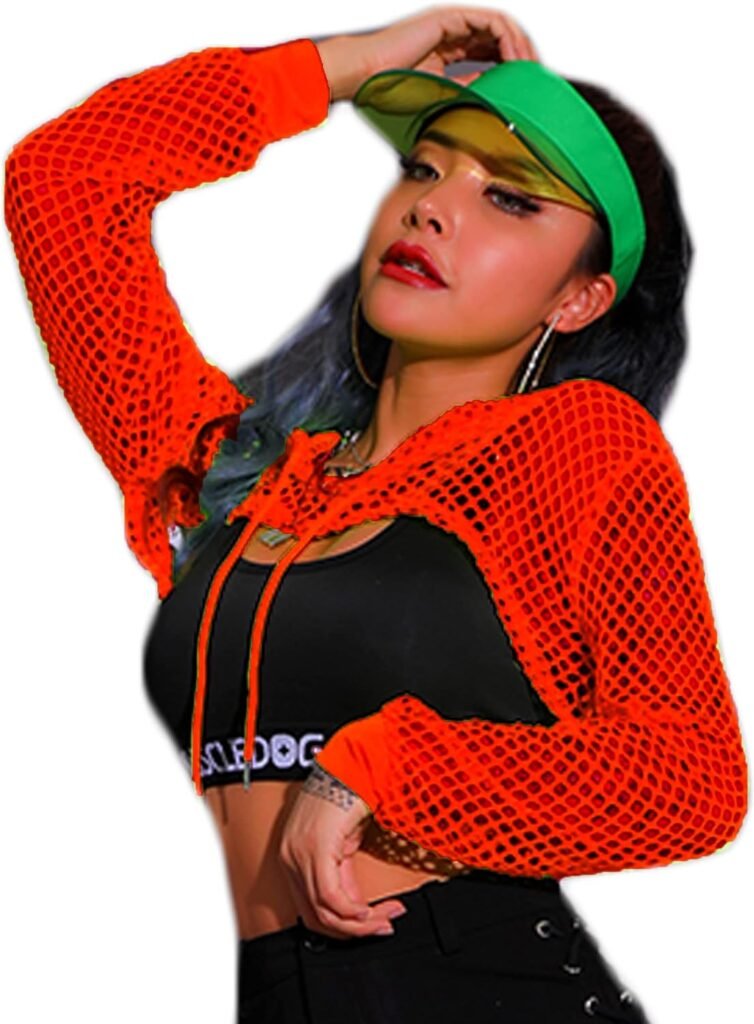 Avidlove Mesh Crop Top Hoodie Rave Tops For Women Long Sleeve Fishnet Shirt for Festival Club Party