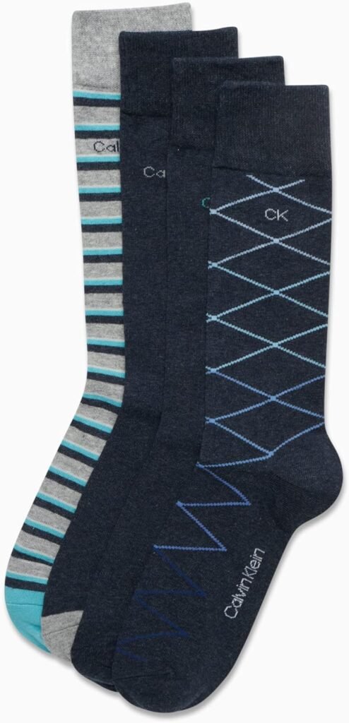 Calvin Klein Mens Dress Socks - Cotton Blend Crew Patterned Socks (4 Pack)