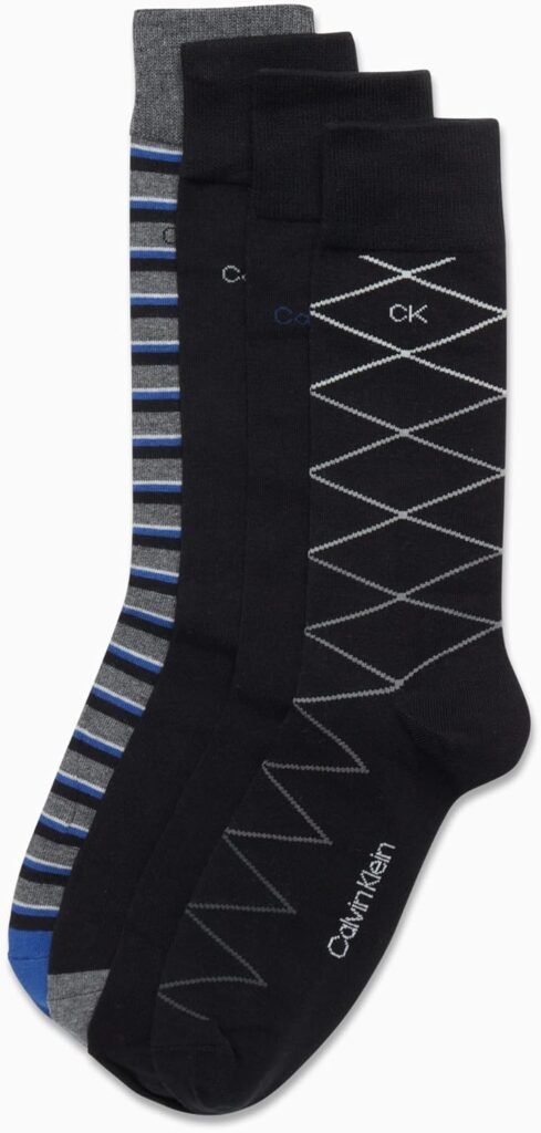 Calvin Klein Mens Dress Socks - Cotton Blend Crew Patterned Socks (4 Pack)