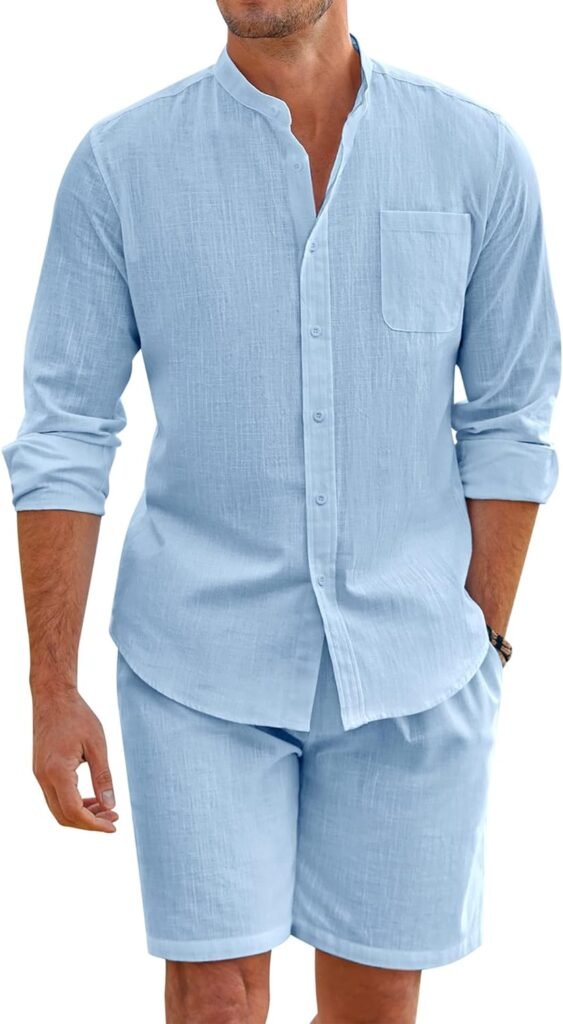 COOFANDY Linen Sets For Men 2 Piece Button Down Shirt Long Sleeve and Casual Beach Drawstring Waist Shorts Summer Outfits