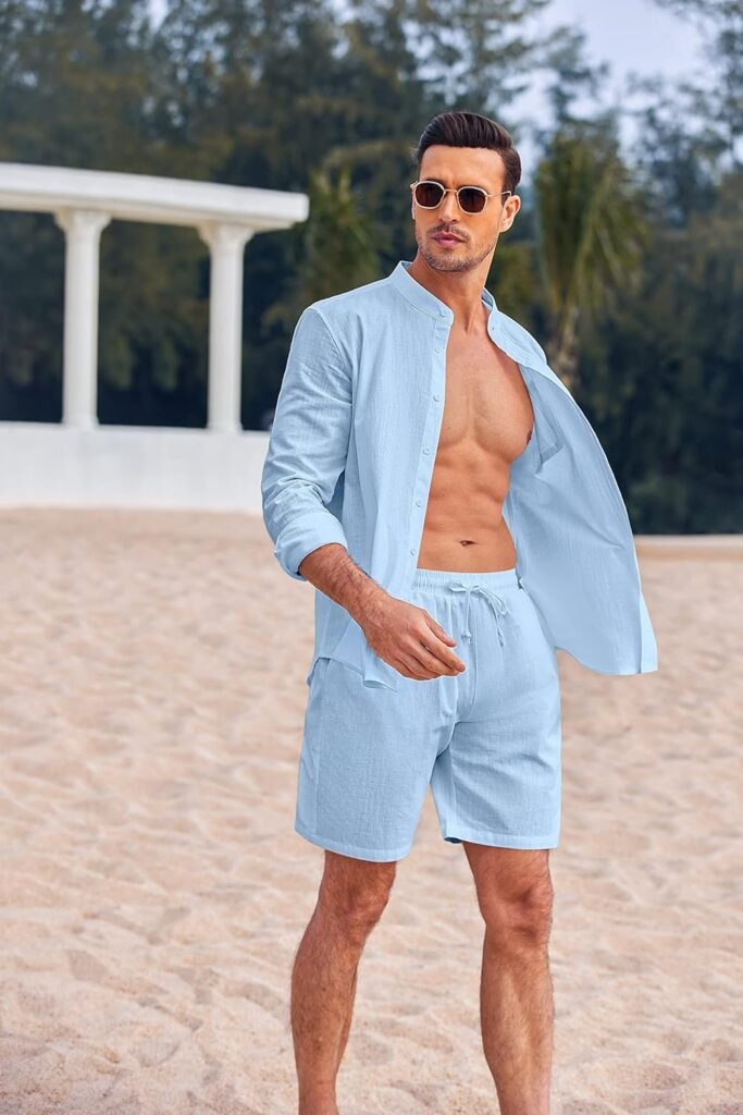 COOFANDY Linen Sets For Men 2 Piece Button Down Shirt Long Sleeve and Casual Beach Drawstring Waist Shorts Summer Outfits