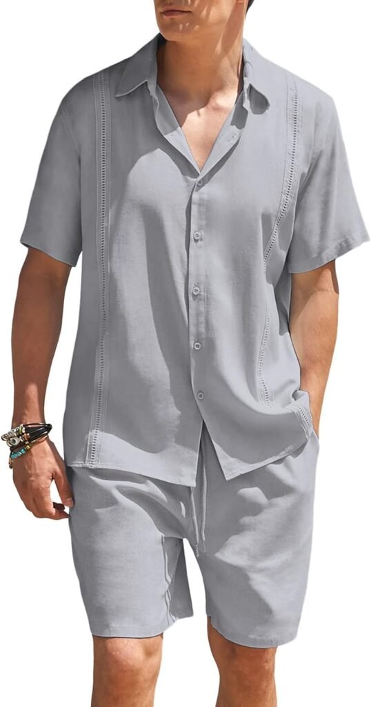 COOFANDY Men 2 Piece Linen Set Beach Guayabera Outfit Button Down Shirt and Short