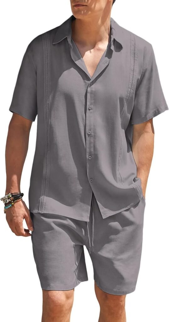 COOFANDY Men 2 Piece Linen Set Beach Guayabera Outfit Button Down Shirt and Short