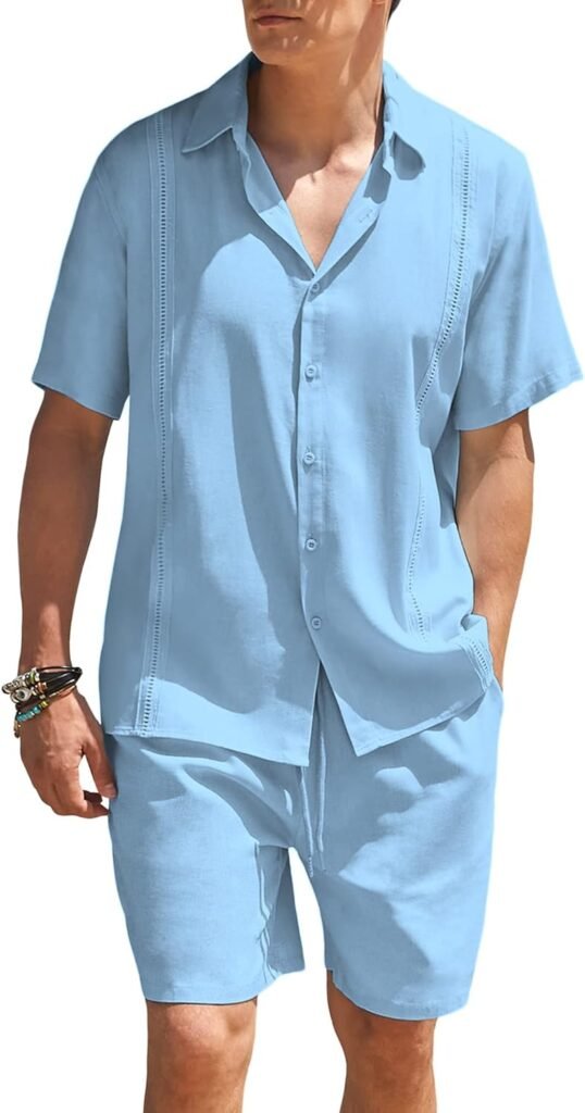 COOFANDY Men 2 Piece Linen Set Beach Guayabera Outfit Button Down Shirt and Short