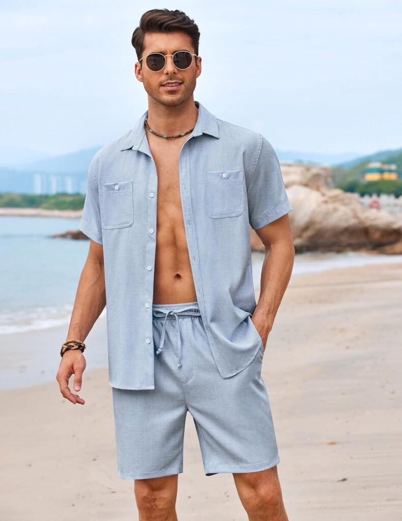 COOFANDY Men 2 Piece Linen Set Casual Beach Outfit Button Down Shirt and Short