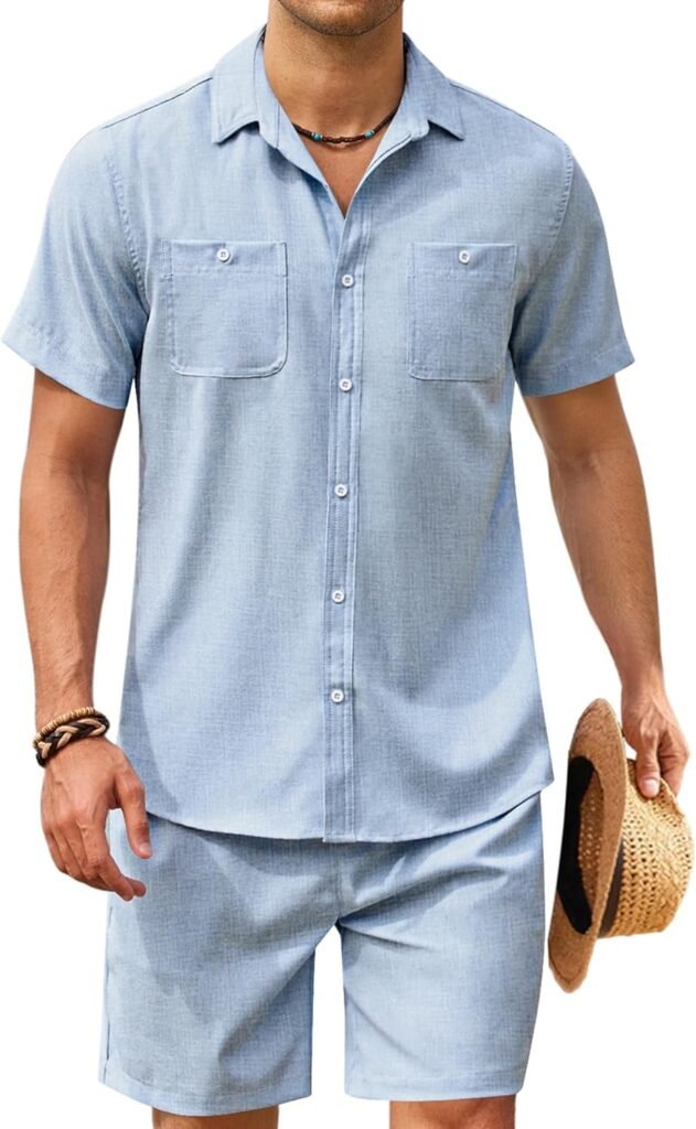 COOFANDY Men 2 Piece Linen Set Casual Beach Outfit Button Down Shirt and Short